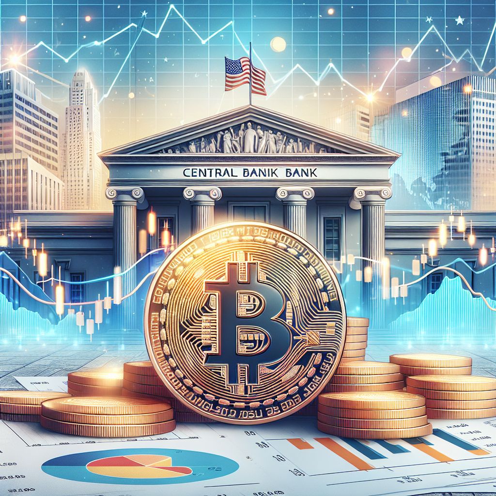 Bitcoin na tle wykresów ekonomicznych USA i budynku Rezerwy Federalnej