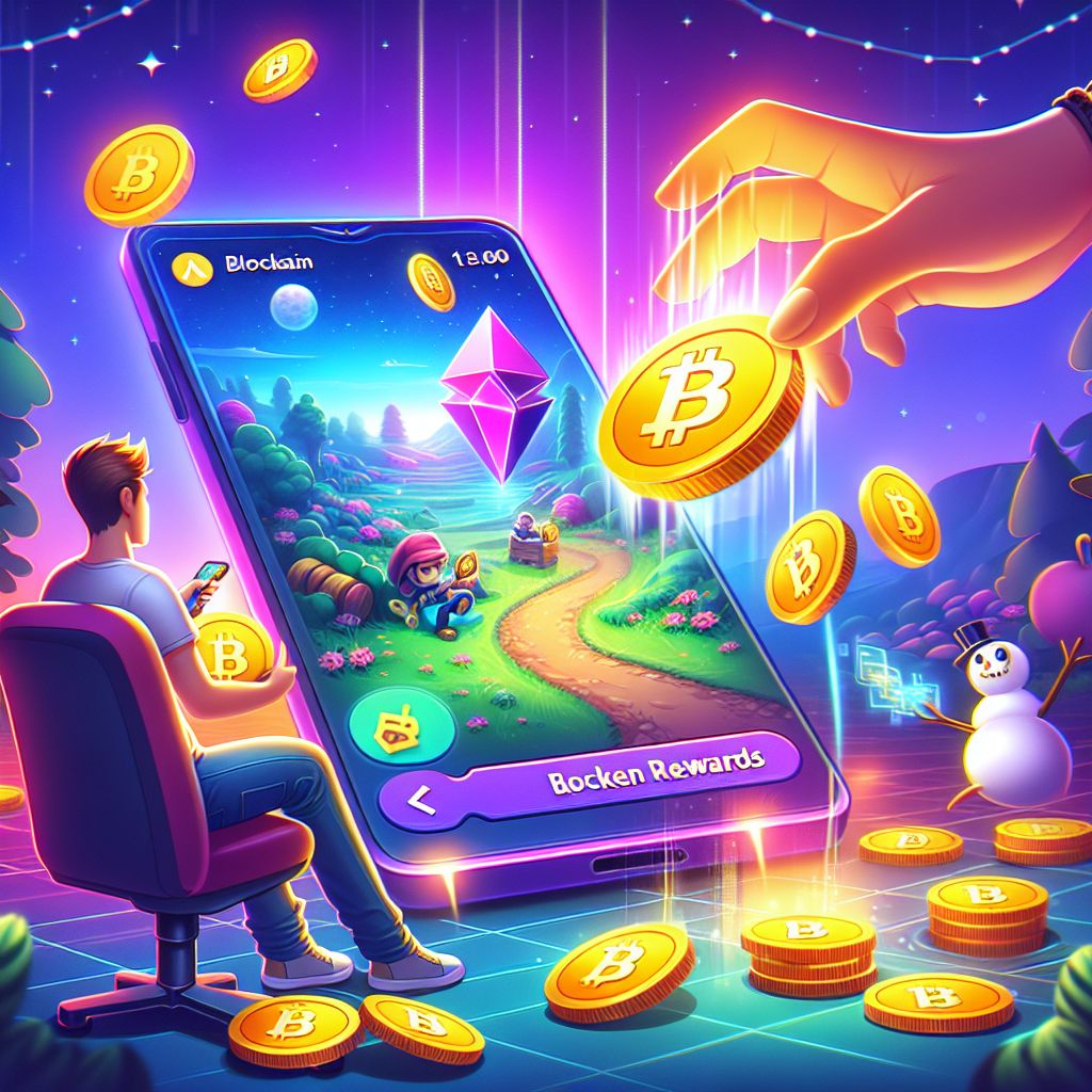 Mobile gamer receiving blockchain token rewards within vibrant game world