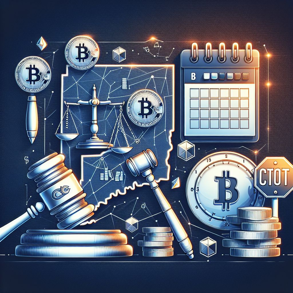 Connecticut outline, gavel, digital tokens, calendar, stop sign