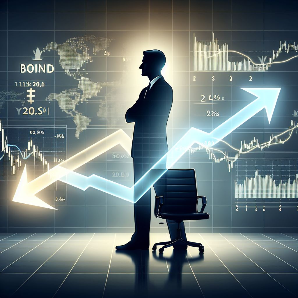 Fed chair silhouette dividing falling bond yields and surging crypto prices