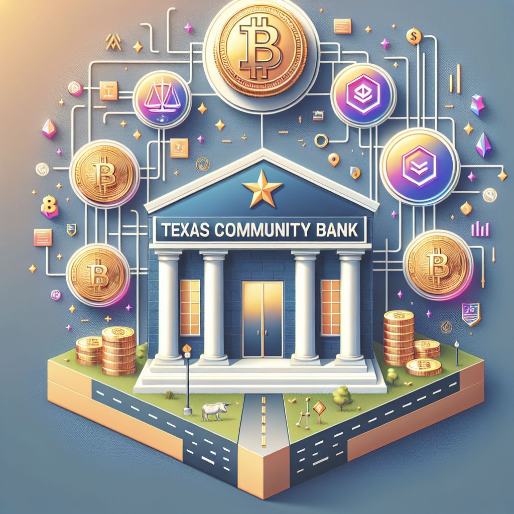 Rebranded Texas community bank sign surrounded by Bitcoin, stablecoin, regulatory icons