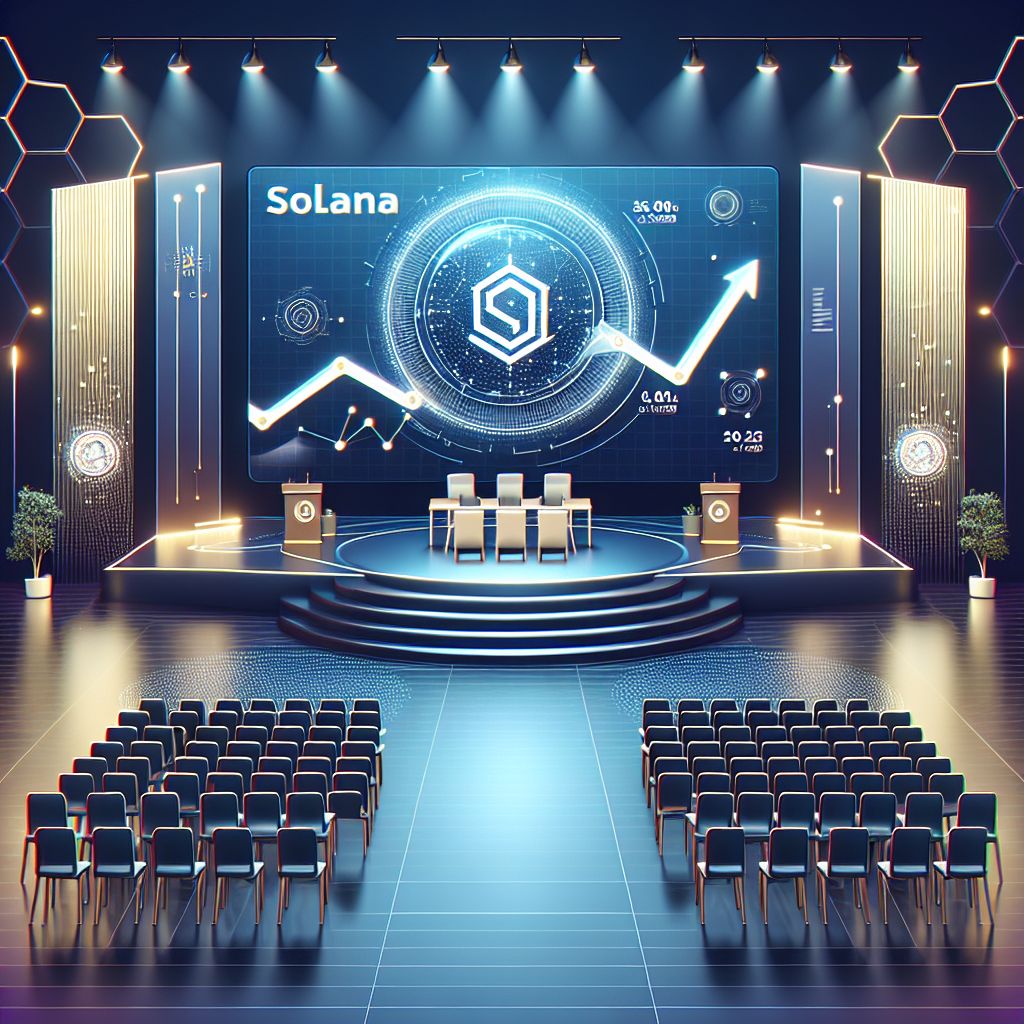 Solana conference stage with SOL logo and rising price graph