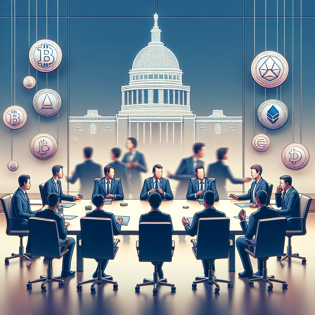 Senators around table discussing cryptocurrency policy, Capitol dome and tokens