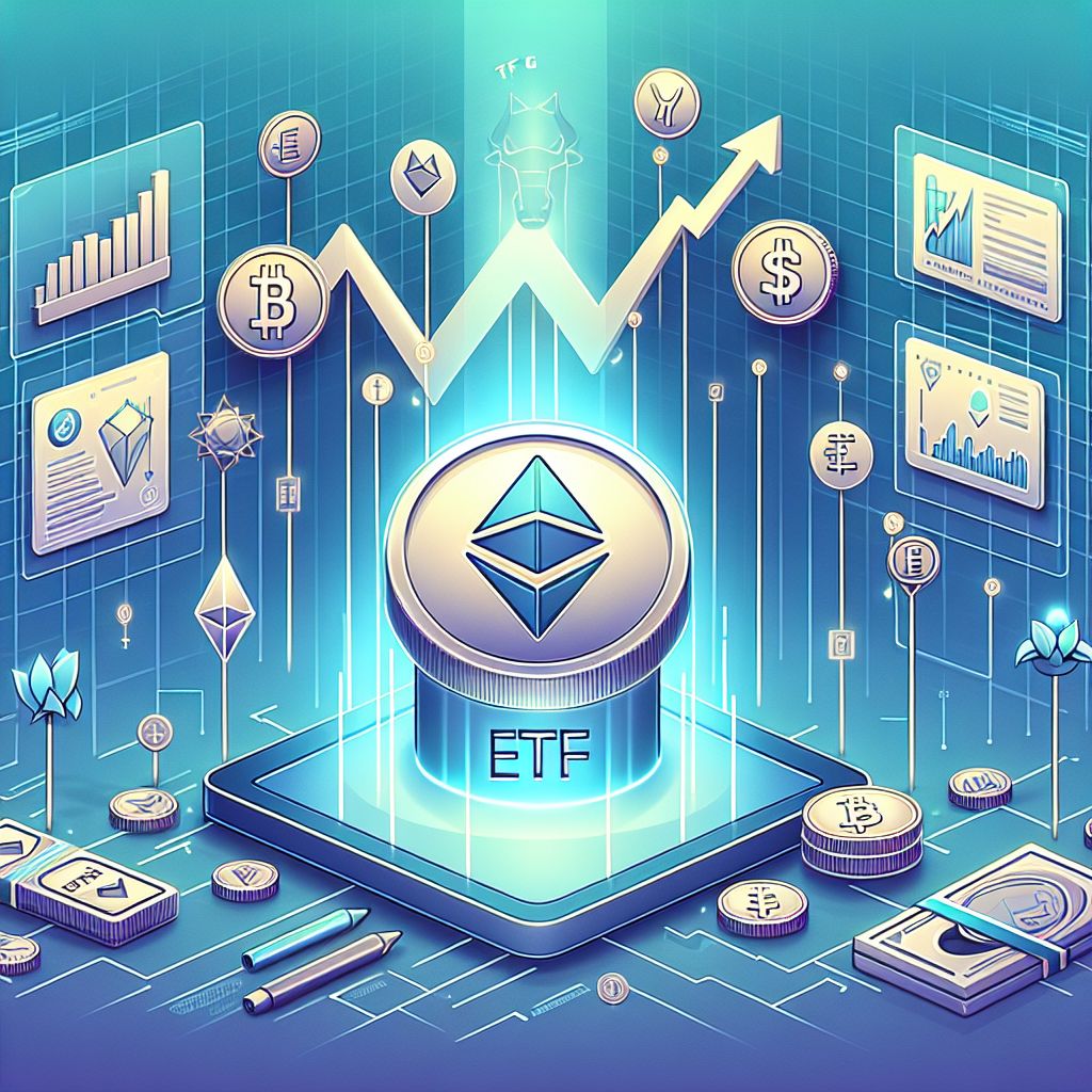ETF token surrounded by ten cryptocurrency icons and upward graph