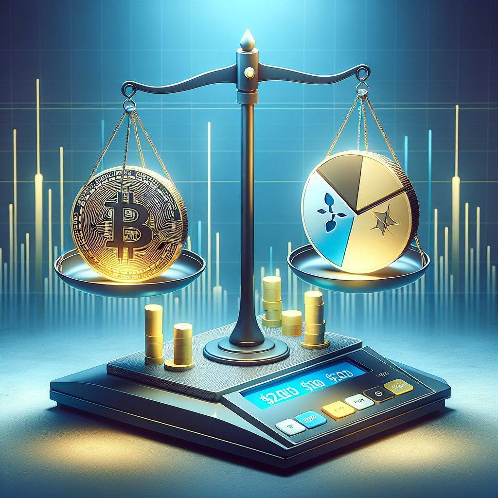 XRP and Stellar logos balanced on scale above $2,000 allocation chart