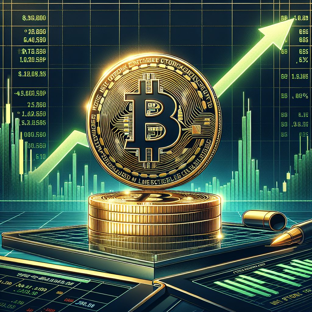 Bitcoin coin rising above NYSE ticker with green candlestick chart