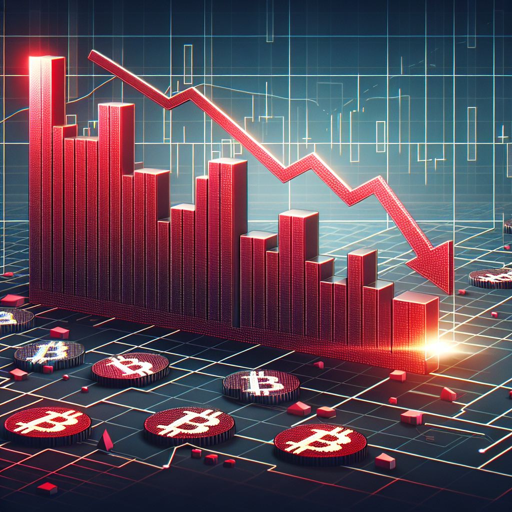 Red downward graph over pixelated NFT icons representing market slump