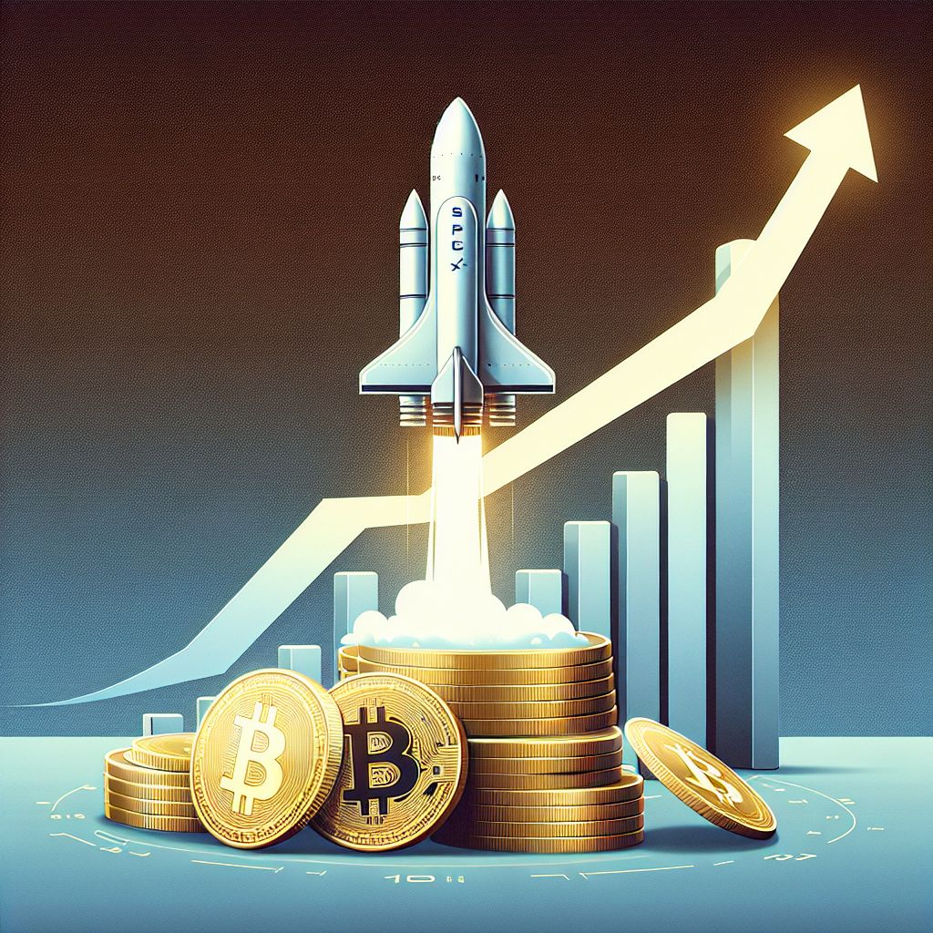 SpaceX rocket silhouette above stacked Bitcoin and rising IPO stock chart