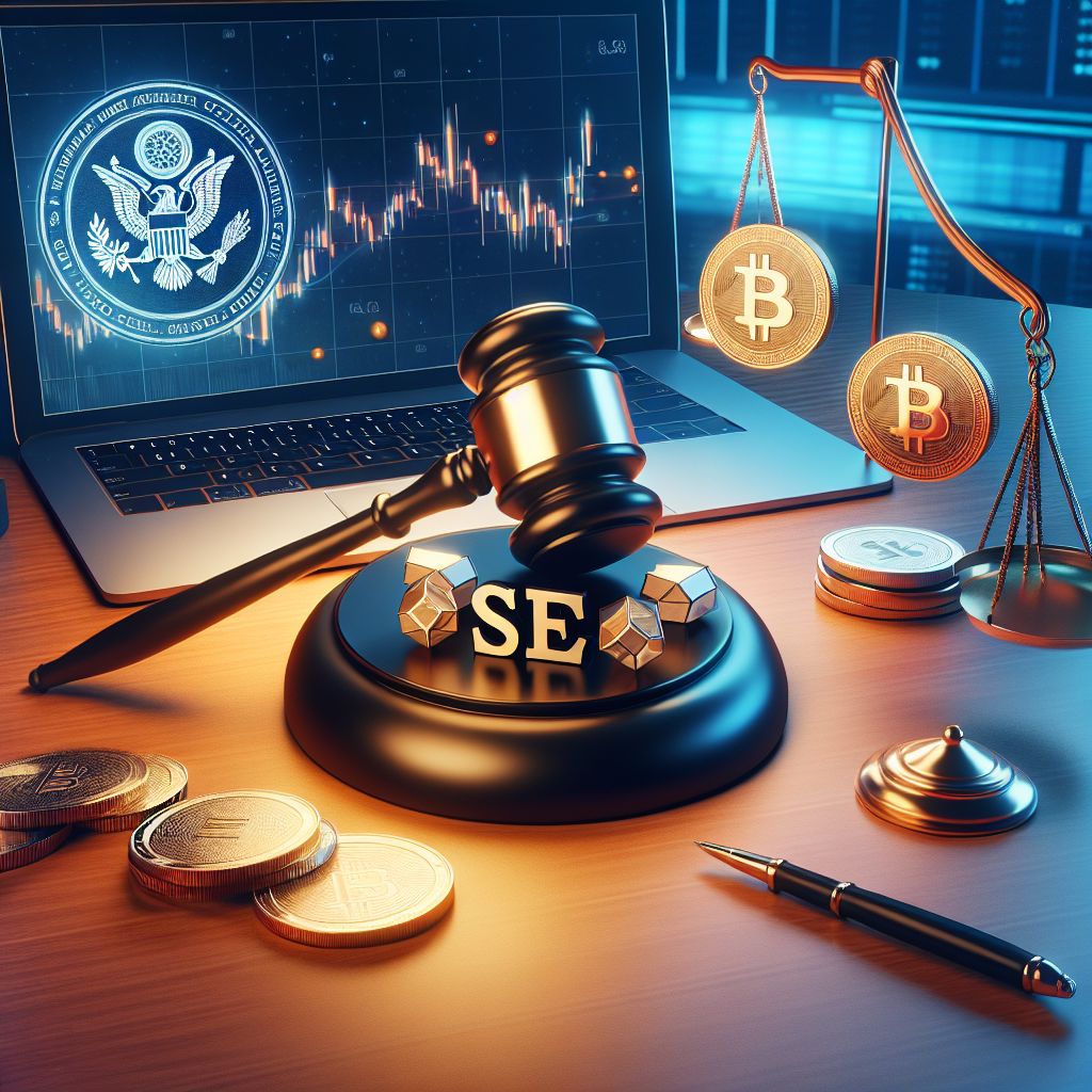 SEC gavel over blockchain tokens and volatile market chart