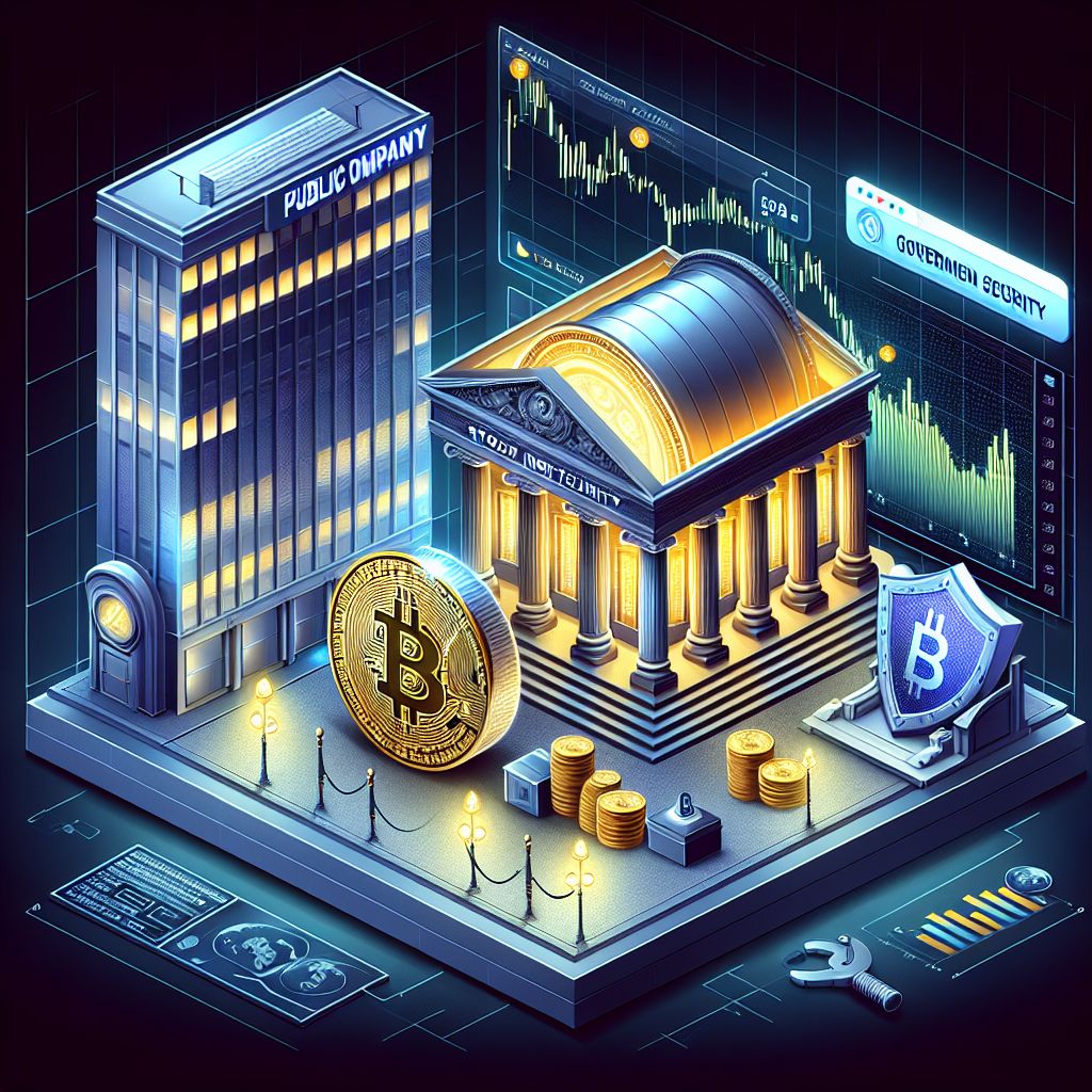 Public company building, bitcoin vault, stock index chart, government security shield