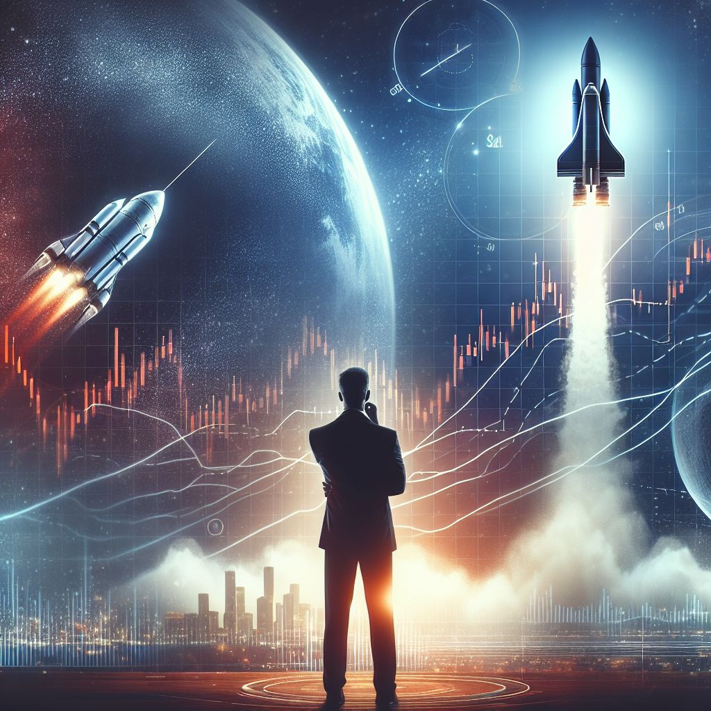 SpaceX rocket over rising stock chart, Musk silhouette reflecting