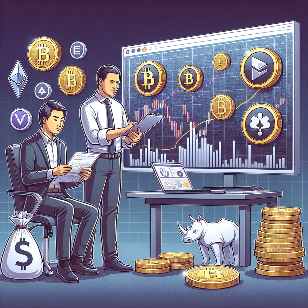 Asian high-net-worth investors examining crypto portfolio charts and digital coin icons