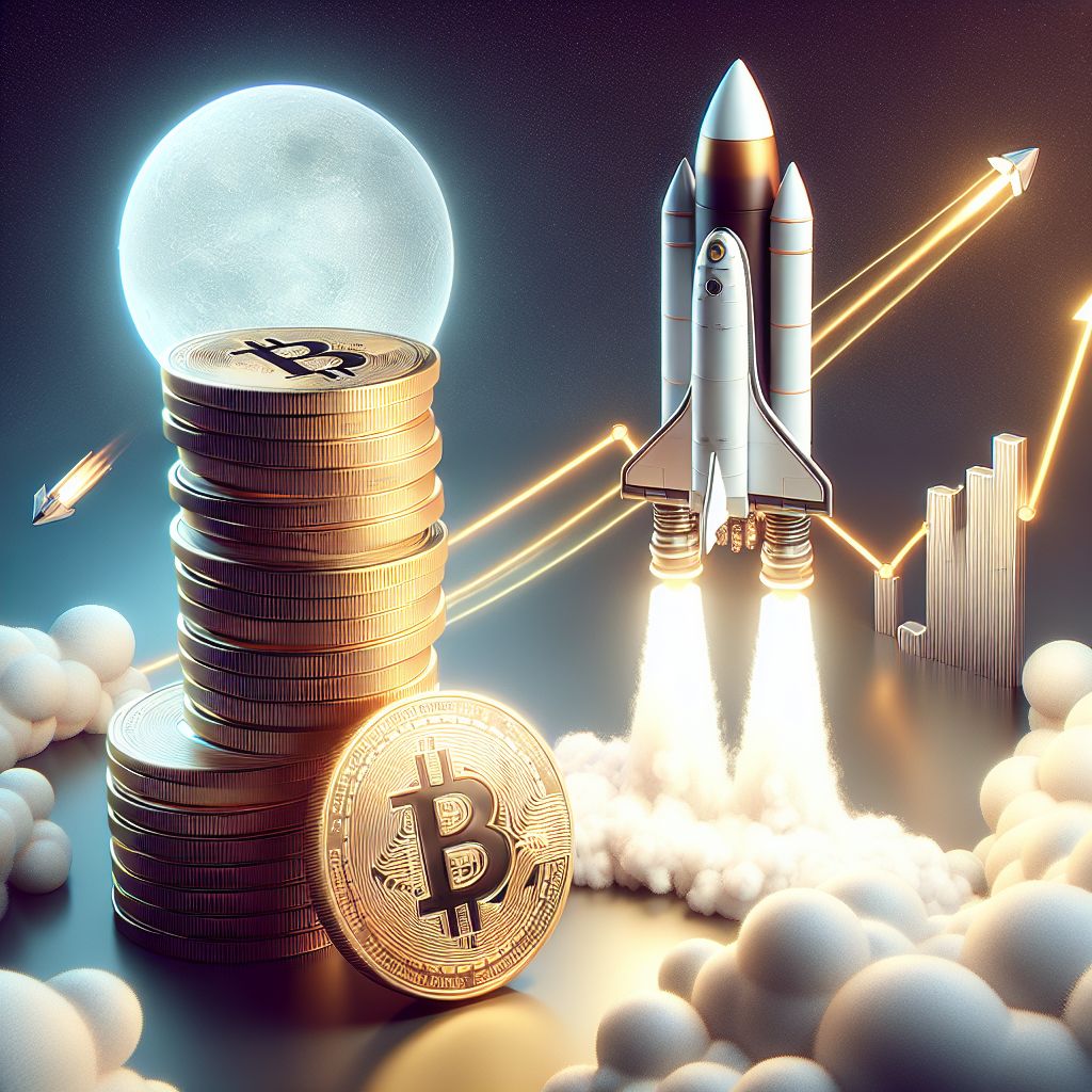 SpaceX rocket over bitcoin stacks beside rising IPO stock chart