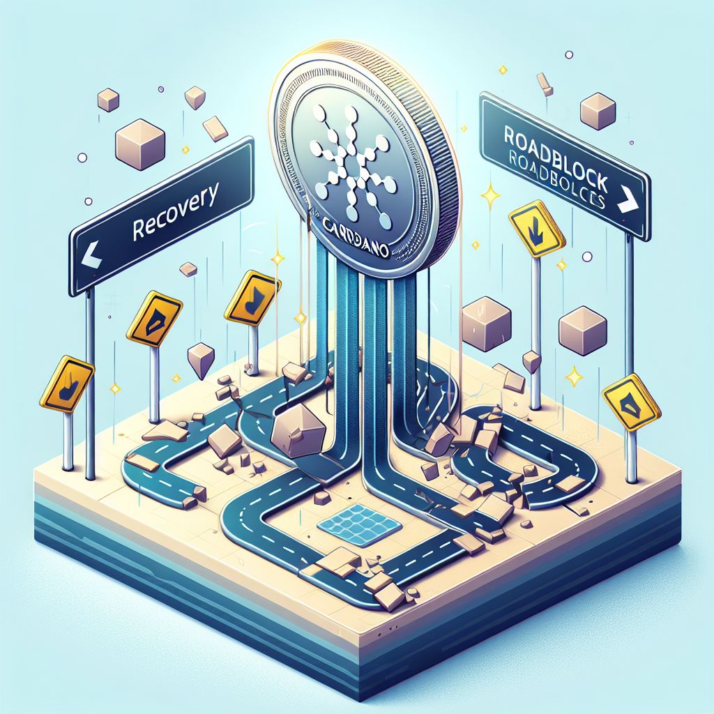 Declining Cardano (ADA) token with roadmap signposts and barriers
