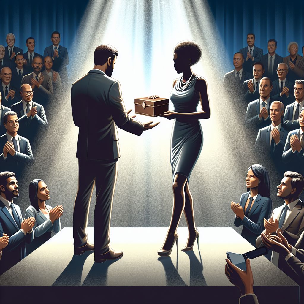 Executive receives small box from influencer onstage, crowd watching