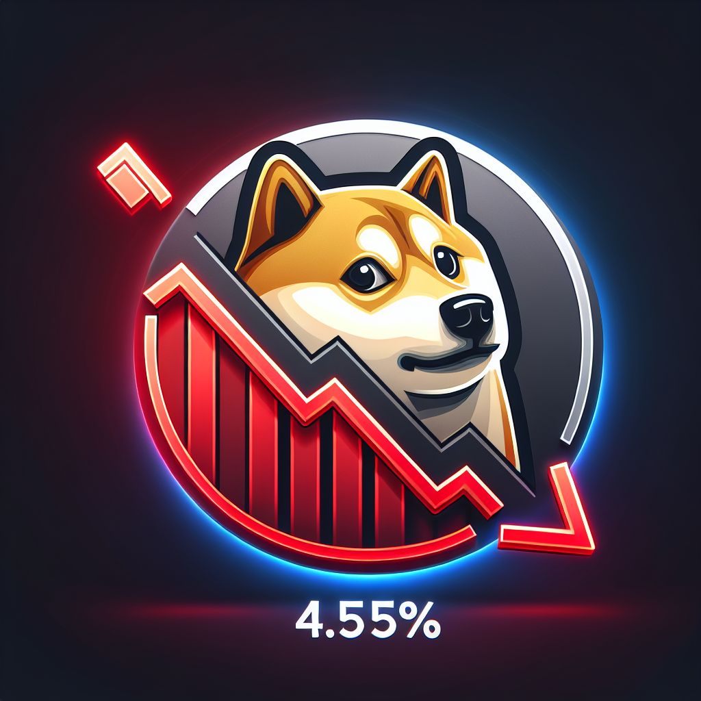 Dogecoin logo with 4.5% decline over red downward price chart