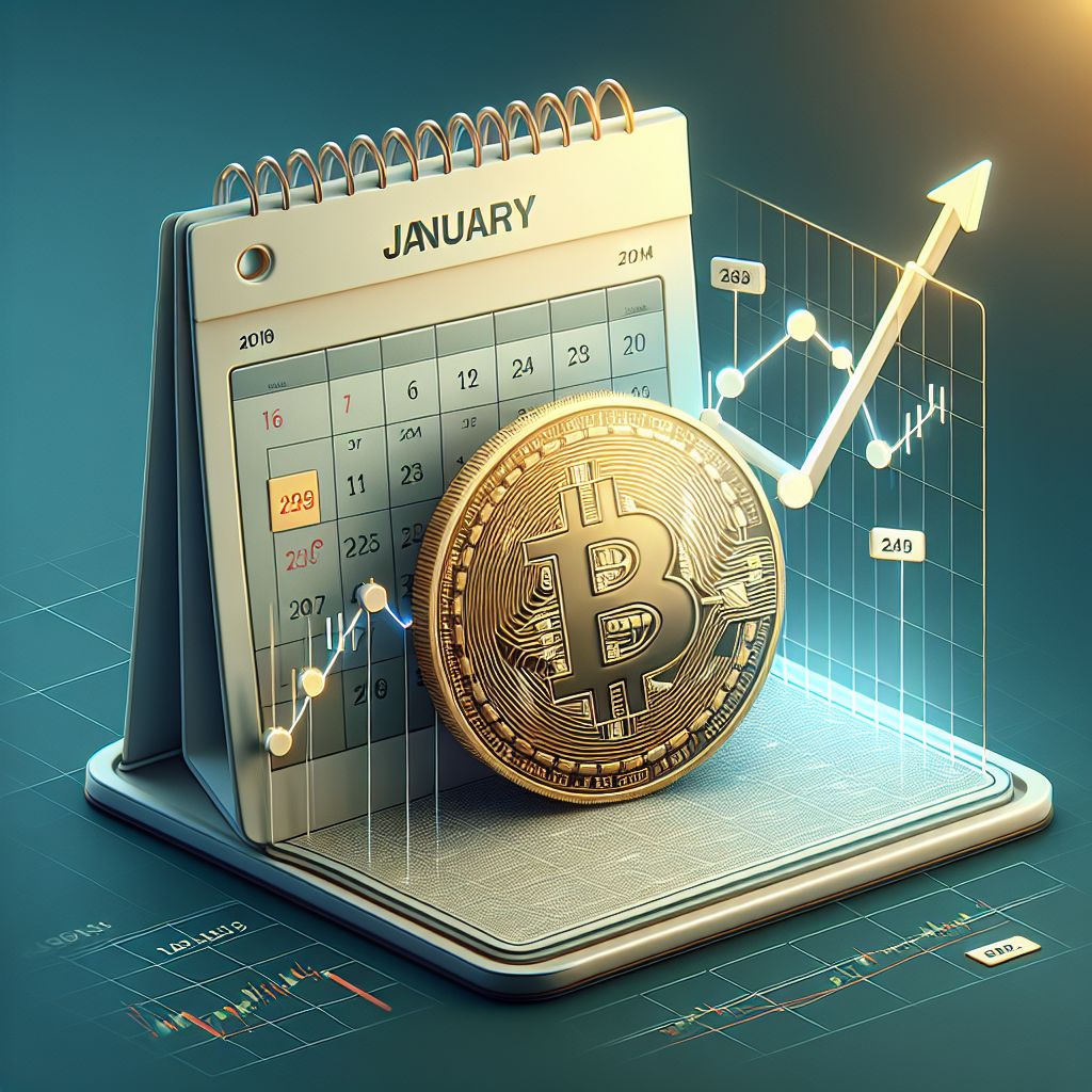 Bitcoin coin over calendar marked January with ascending price chart