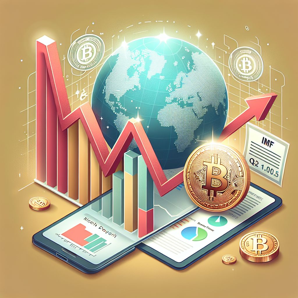 Shrinking US dollar graph, Bitcoin coin, IMF report and global map