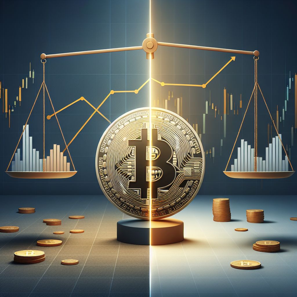 Bitcoin chia đôi với biểu đồ tăng–giảm và cán cân rủi ro