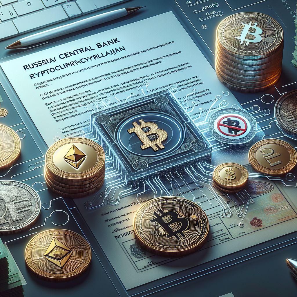 Russian central bank document, crypto coins, ruble and prohibited payment symbol