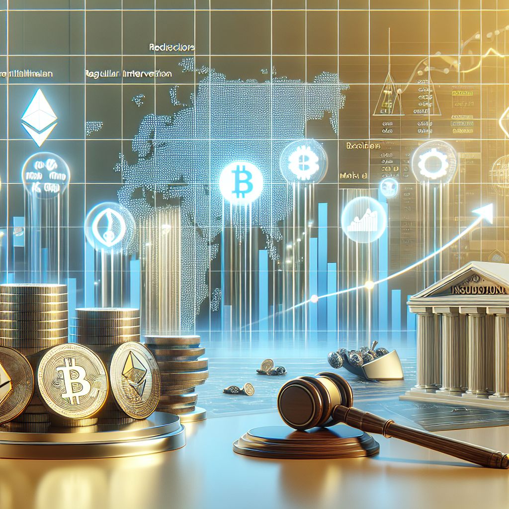 Cryptocurrency coins, regulator gavel, institutional building, upward market chart