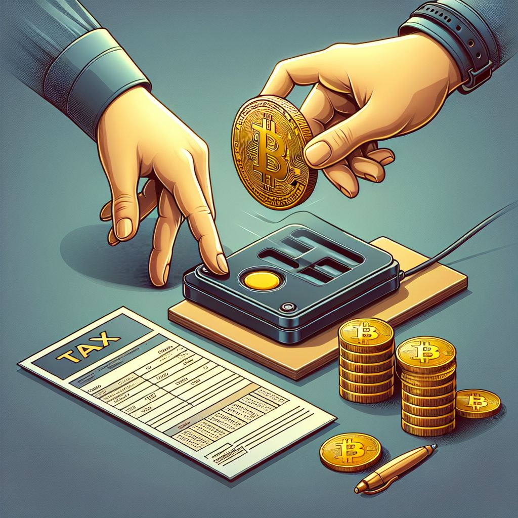 Hands moving Bitcoin coin into hardware wallet beside tax forms