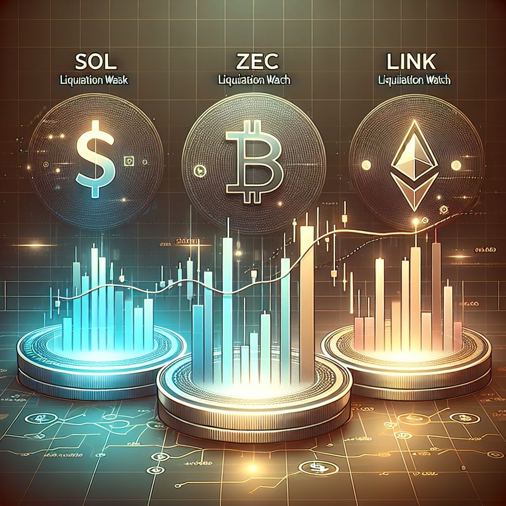Candlestick charts for SOL, ZEC, LINK highlighting liquidation levels