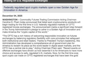 CFTC Opens Door for Spot Crypto Trading on U.S. Federal Exchanges