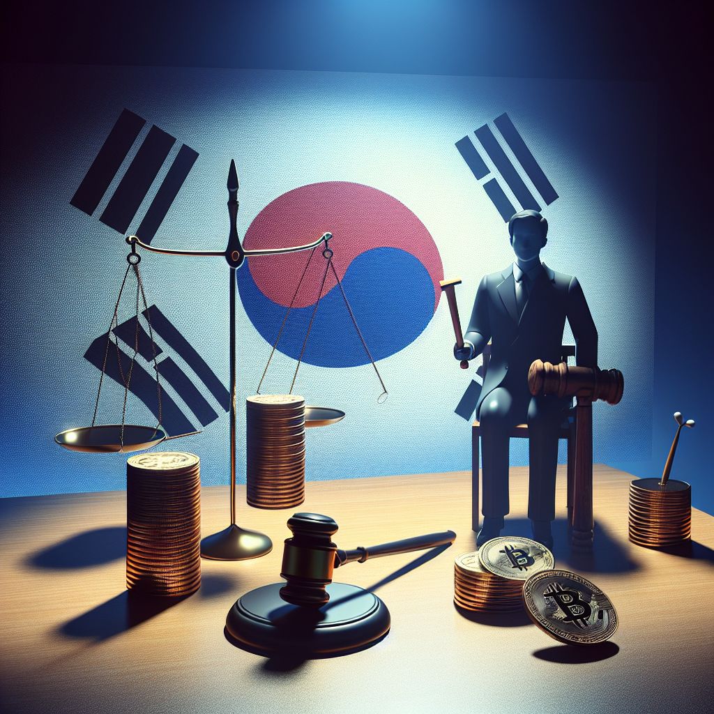 South Korean flag, silhouetted lawmaker, gavel, and cryptocurrency exchange under scrutiny