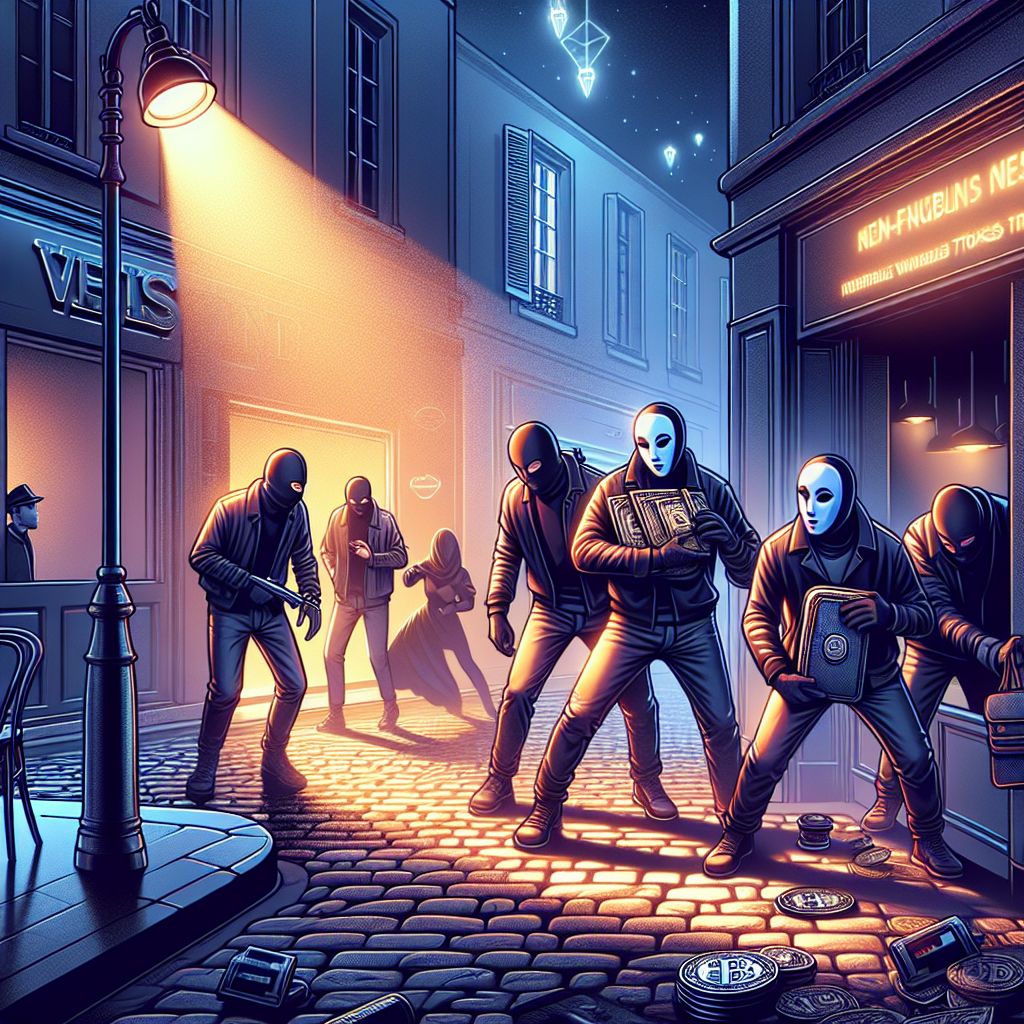 Masked abductors seizing hardware wallets outside NFT Paris venue