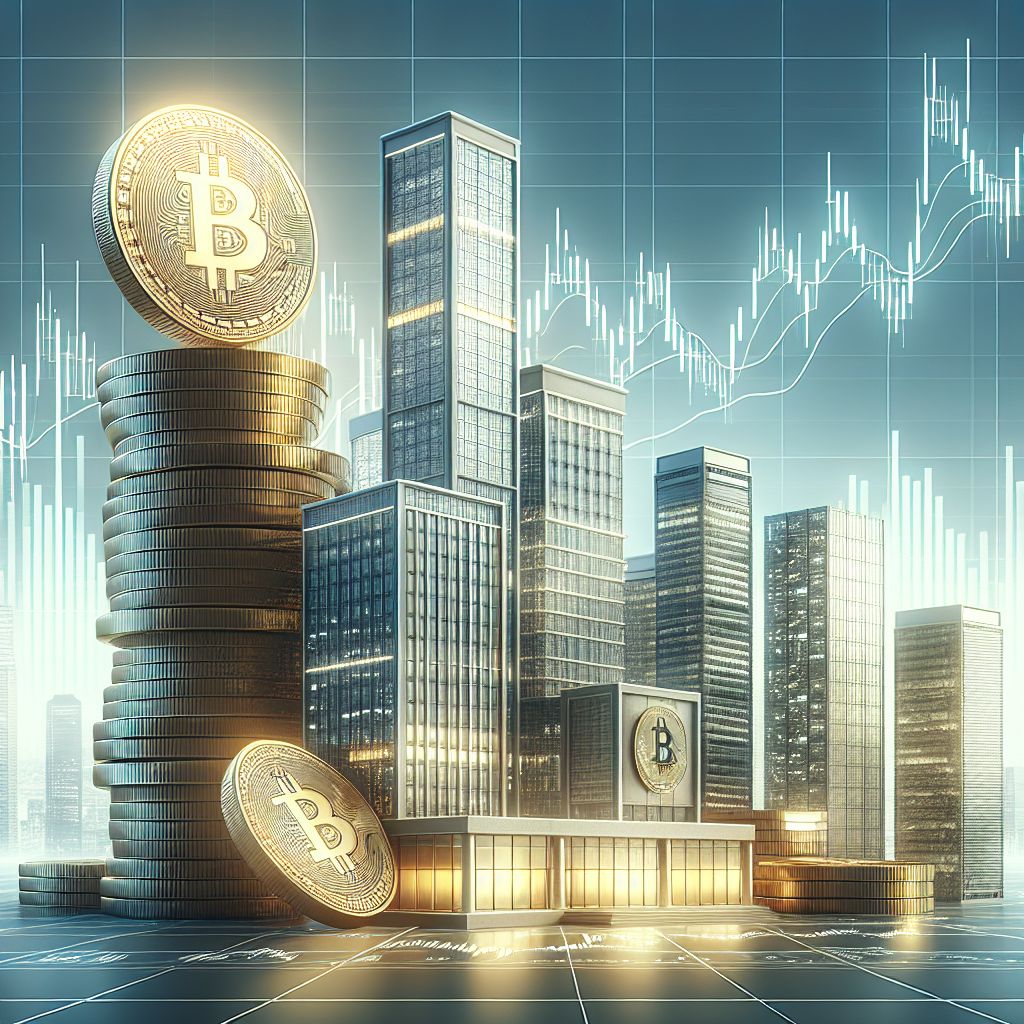 Corporate building with giant Bitcoin stack and ascending stock chart