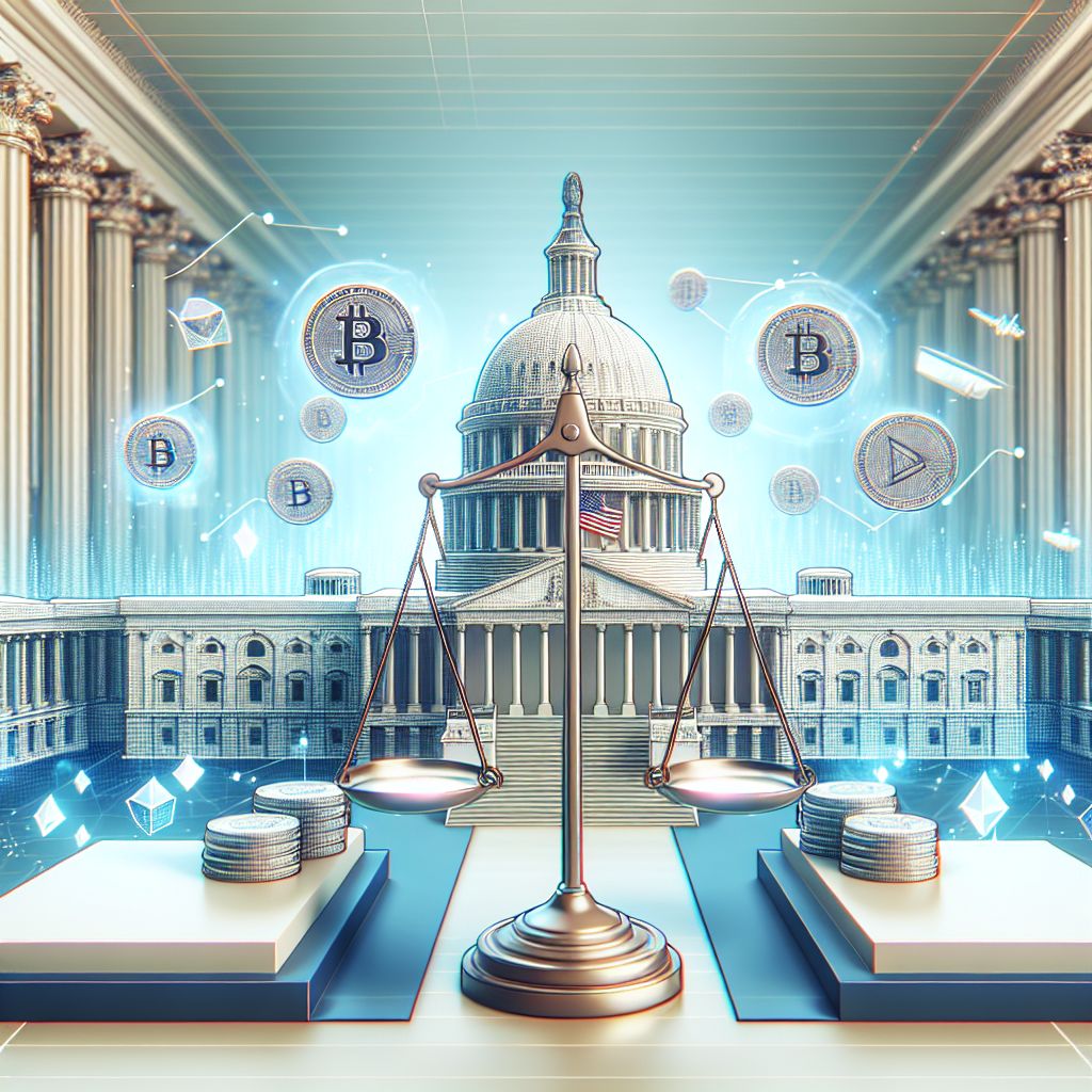 U.S. Capitol with digital tokens and scales symbolizing crypto regulation